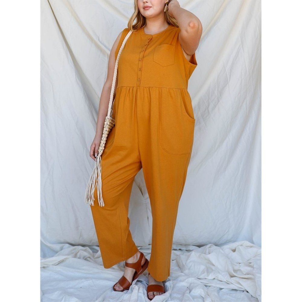 GSW Mustard Cotton Front Button Up Detail Sleeveless Jumpsuit